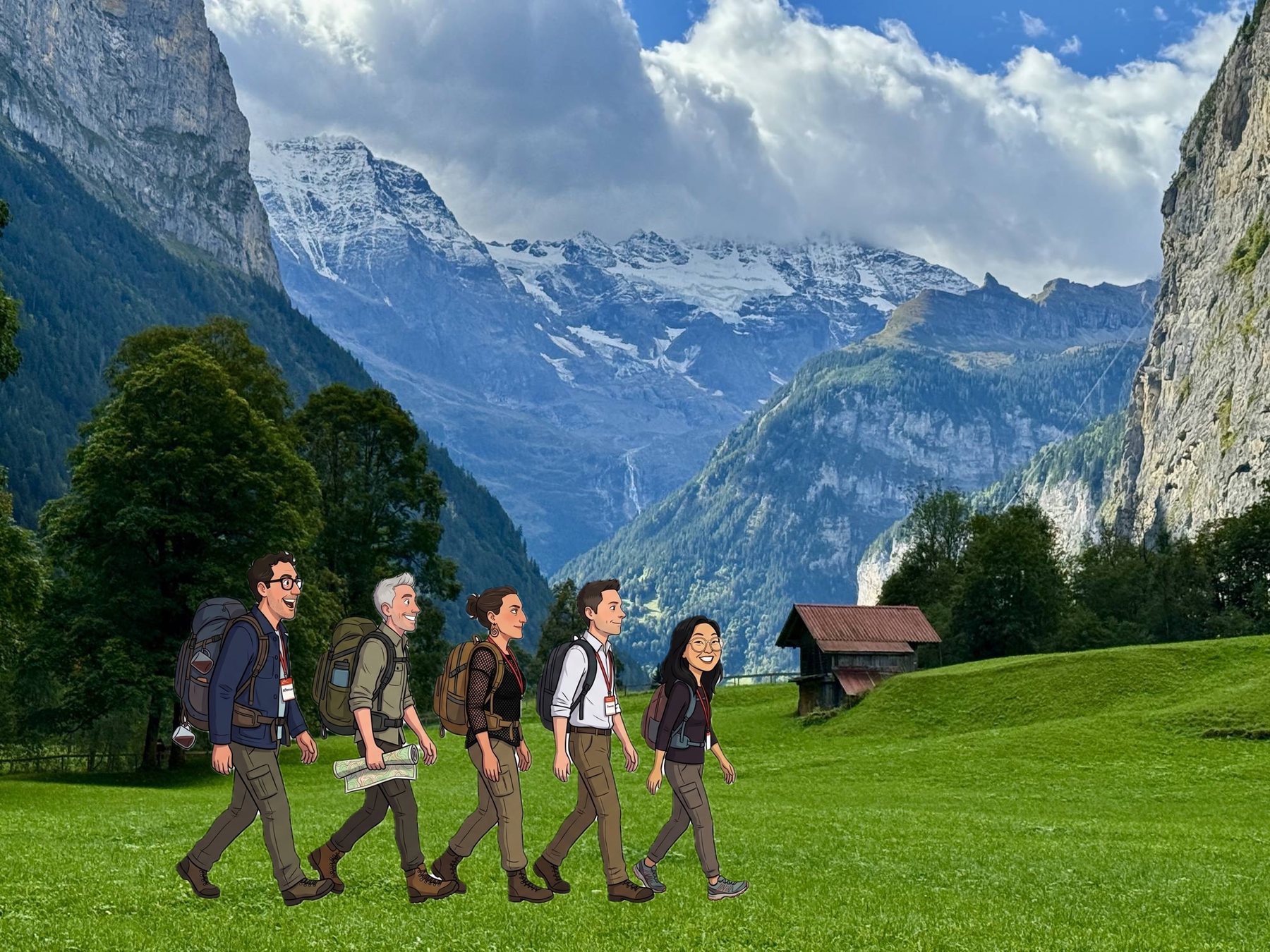 The five of us, illustrated, hiking hut to hut through an Alpine valley
